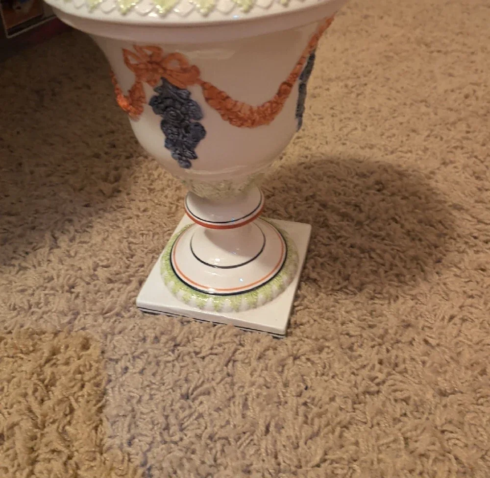 Vintage Italian Mottahhedeh Decorator Urn with Multicolor Relief Accents And Lid
